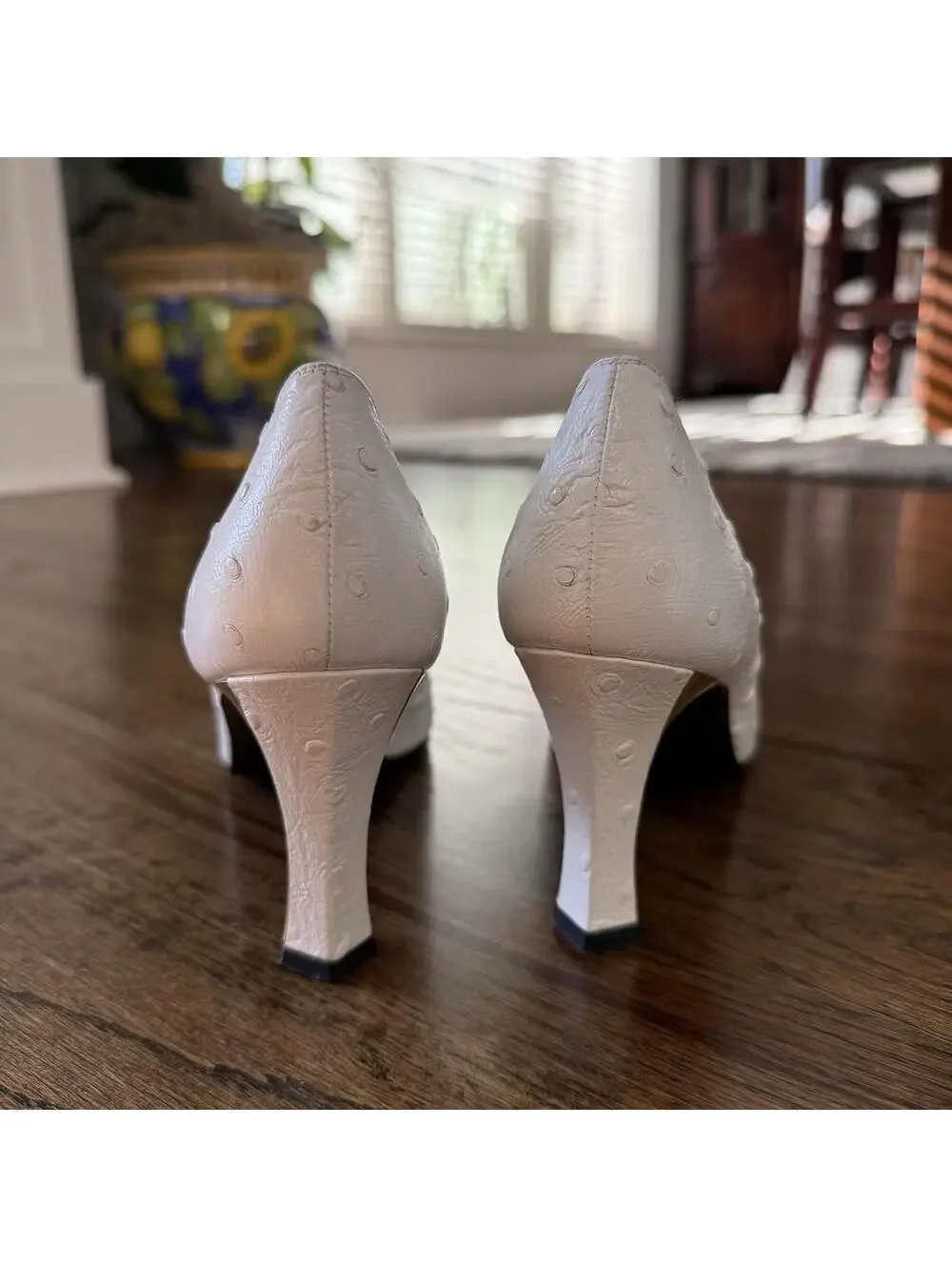 Stuart Weitzman White Textured Leather Pumps with Gold Toe Caps